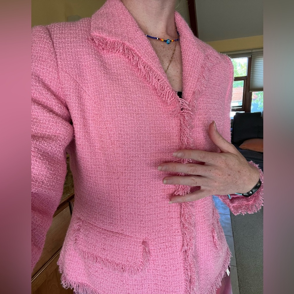 Pink Tweed Fringe Blazer Jacket